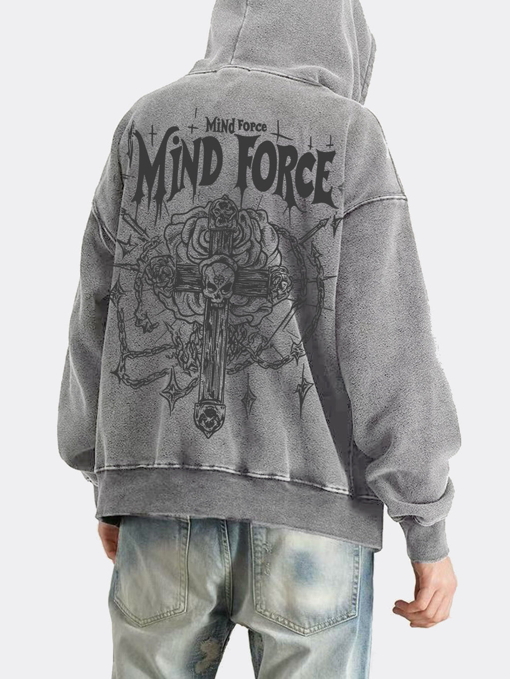 Vintage Style Washed Distressed Sweatshirt - Gothic Cross with Skull Motifs