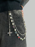 Vintage Pearl & Rhinestone Body Chain - Cross Pendant Belly Chain