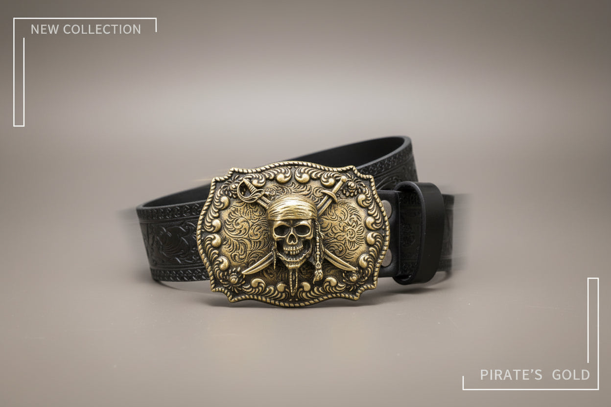 Vintage Gold Pirate Skull Belt - Floral Pattern PU Leather with Alloy Buckle