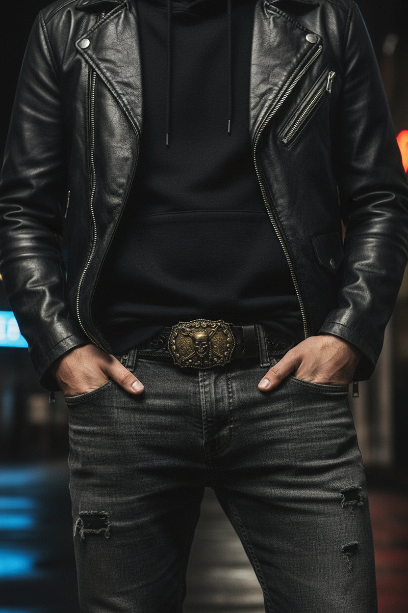 Vintage Gold Pirate Skull Belt - Floral Pattern PU Leather with Alloy Buckle