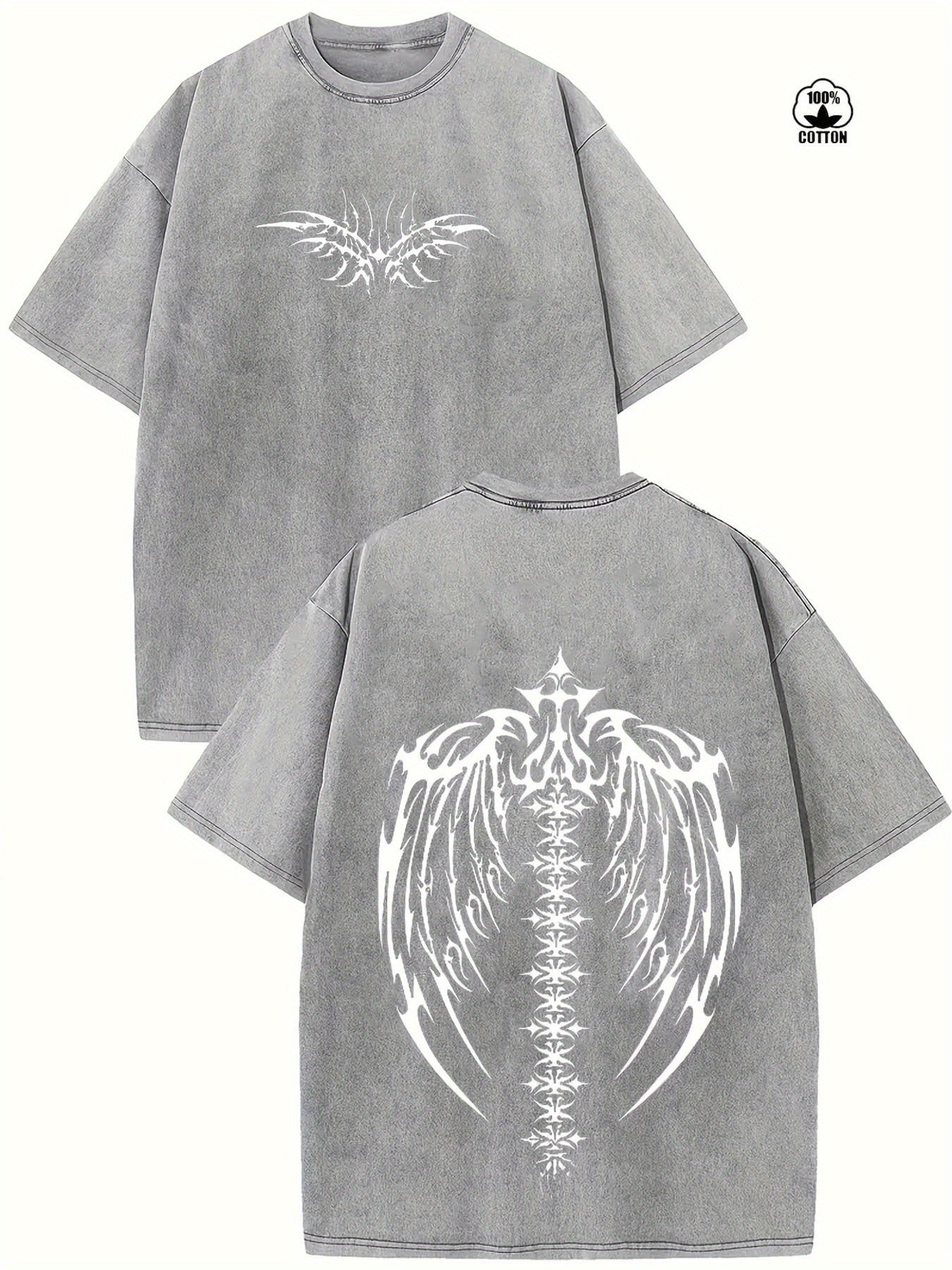 Men's Y2K Street Style 230g Heavy Cotton T-Shirt - Vintage Wing Pattern