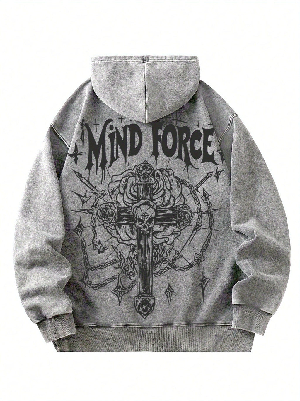 Vintage Style Washed Distressed Sweatshirt - Gothic Cross with Skull Motifs