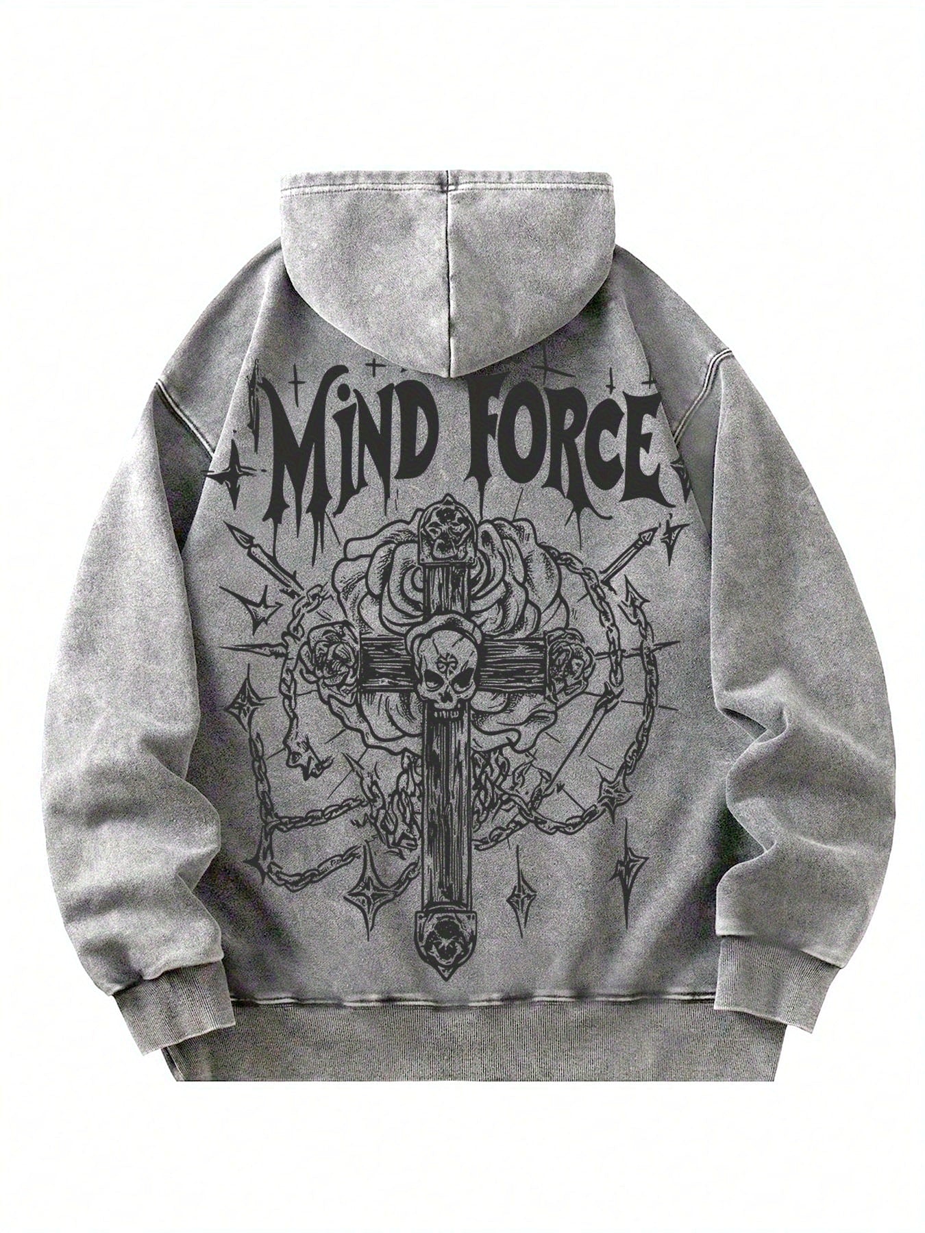 Vintage Style Washed Distressed Sweatshirt - Gothic Cross with Skull Motifs